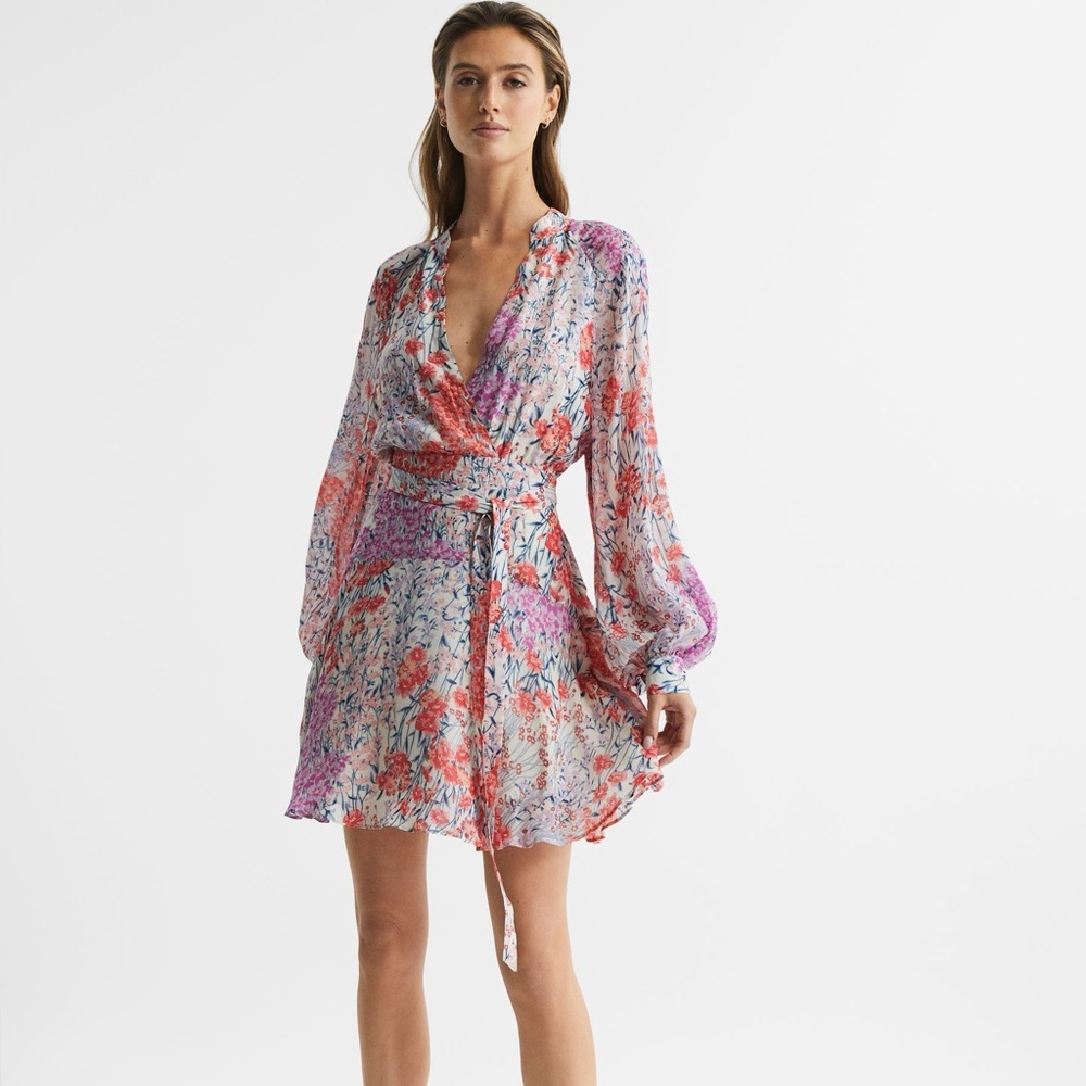 REISS KIERA FLORAL‎ PRINTED LONG SLEEVE MINI DRESS IN CORAL/WHITE